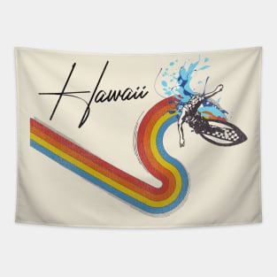 Retro 70s/80s Style Rainbow Surfing Wave Hawaii Tapestry