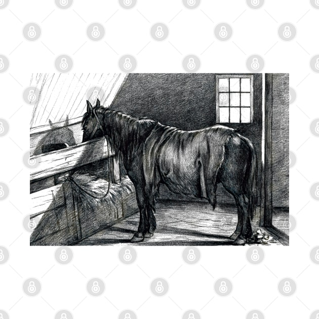 Jean Bernard's Standing Horse in a Stable Edited Black And White by TeachUrb