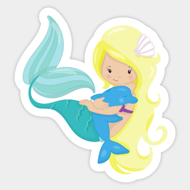 Cute Mermaid, Little Mermaid, Blonde Hair, Dolphin