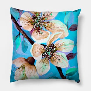 Japanese Sakura Cherry Tree Flowers in Aqua Blue Pillow
