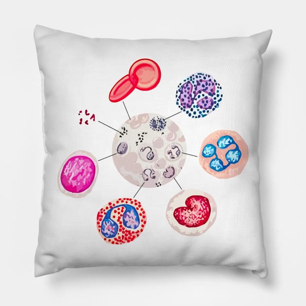 Blood cells. RBCs. WBCs, Basophil, Platelet, thrombocyte, Neutrophil, B-Lymphocyte, Monocyte, Eosinophil. Pillow by labstud