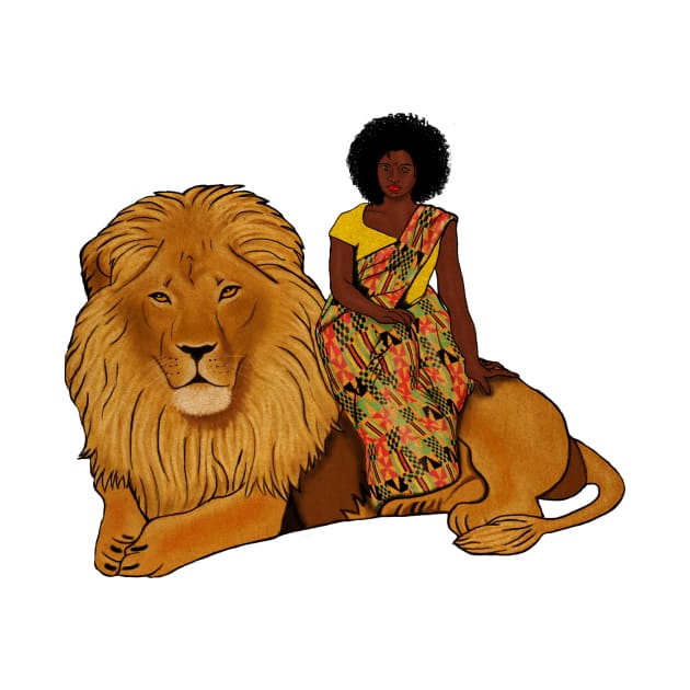 Proud African Afro Woman with Lion and Kente Pattern by kentevibes