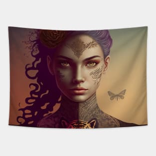 Girl with tattoos and a tiger emblem Tapestry