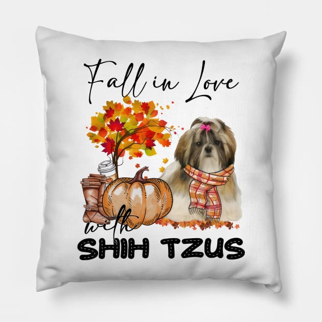 Fall In Love With Shih Tzus Fall Pumpkin Thanksgiving Pillow by Gearlds Leonia