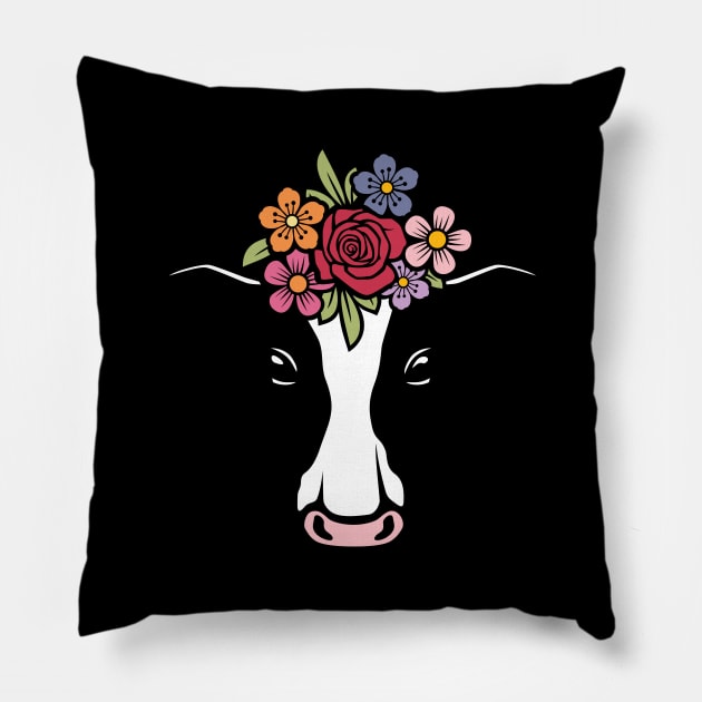 Cow Head With Colorful Flowers Pillow by Protshirtdesign