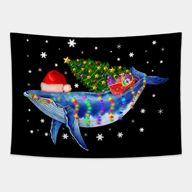 Blue Whale Christmas Color Lights Xmas Santa Hat Whale Gifts Tapestry by Antoniusvermeu