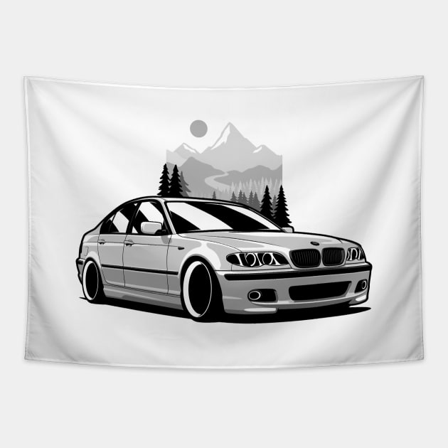 White E46 Sedan Mountains Tapestry by KaroCars