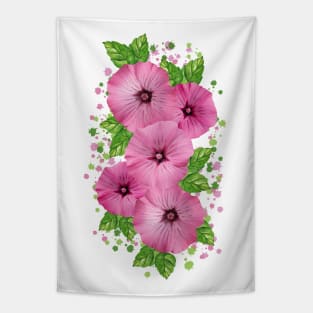 Watercolor Pink Mallow Flowers Tapestry