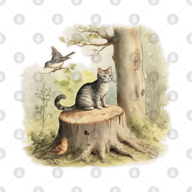 Gray cat on a tree stump by JnS Merch Store