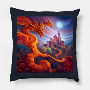 A psychedelic painting of dragons and castles. Pillow