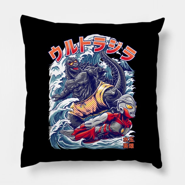 Surfing Zilla Pillow by polkadothero