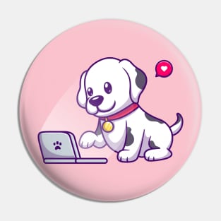 Cute Dalmatian Dog Playing Laptop Cartoon Pin