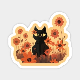 Vector Drawing of Cat and Flowers Magnet