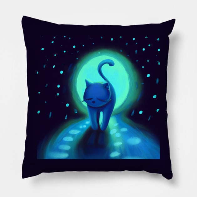 Blue Cat Takes a Cool Stroll in the Moonlight Pillow by Star Scrunch