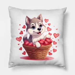 Cartoon Siberian Husky Dog in Hearts Basket Pillow