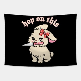 hop on this funny bunny with knife Tapestry