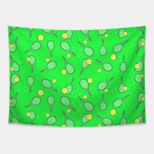 Tennis Seamless Pattern - Racket & Ball on Green Background Tapestry