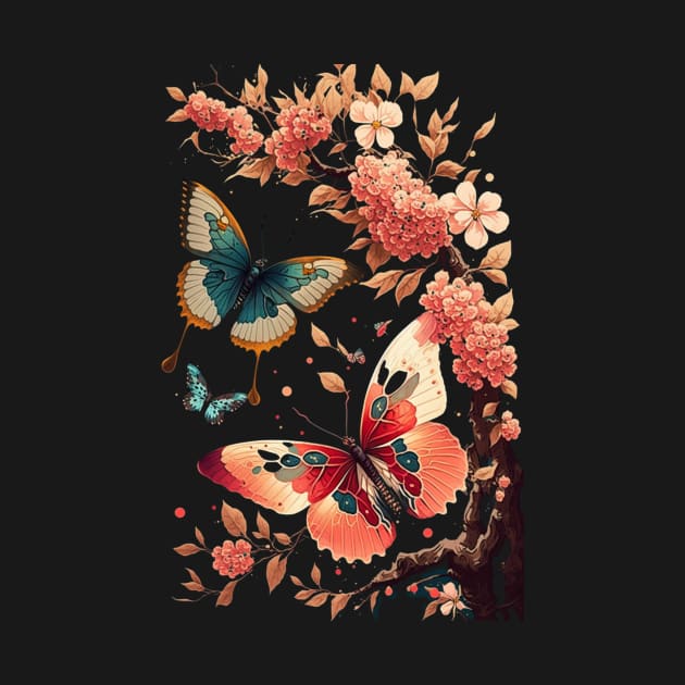 Monarch Butterfly Pattren, Pink Flower Pattren, Cherry Blossom, Boho Butterfly Art Design Gift for Her by Metaphysical Design