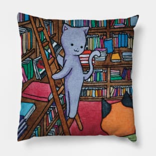 Cat and fox in a library watercolor illustration dark academia Pillow