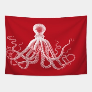 Octopus | Vintage Octopus | Tentacles | Sea Creatures | Nautical | Ocean | Sea | Beach | Red and White | Tapestry