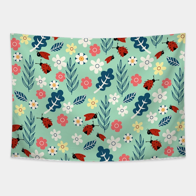 Spring meadow in bloom with ladybirds on green background Tapestry by Arch4Design