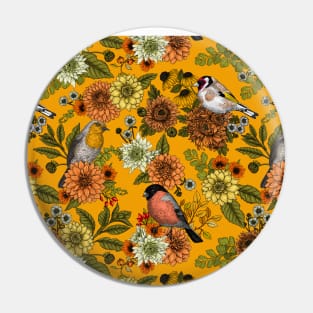 Garden birds and flowers on marigold orange Pin