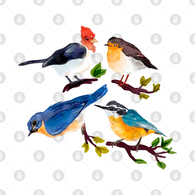 Autumn Birds Hand Drawn Watercolor by Mako Design 