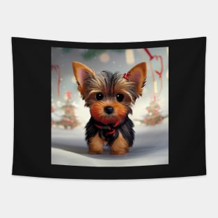 Tiny Cute Yorkshire Terrier Christmas Puppy in the snow Tapestry