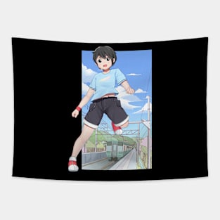 Anime boy running in Train Station Tapestry