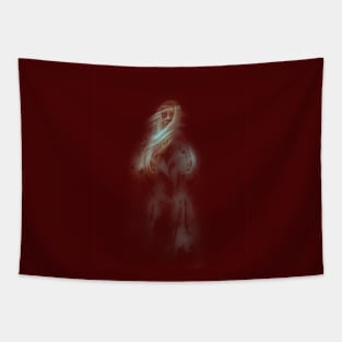 Strange beautiful woman with long bright hair. Step from darkness. Red, dark. Tapestry