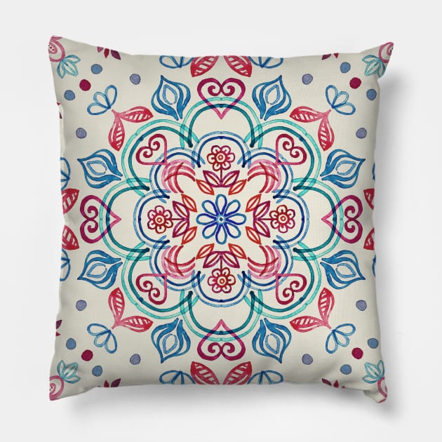 Pastel Blue, Pink & Red Watercolor Floral Pattern on Cream Pillow by micklyn