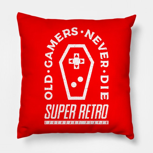 Old Gamers Never Die - Vintage White Pillow by demonigote