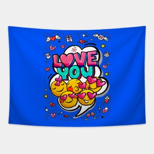 Love you word bubble. Message in pop art comic style with hand drawn hearts and emoji smiles. Tapestry