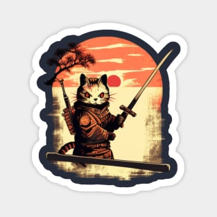 Ninja Cat Japanese Vintage Sunset Sword Magnet