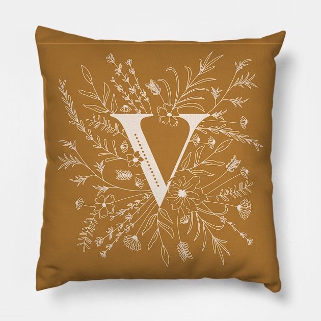 Botanical Letter V (Mustard Yellow) Pillow by Cascade Patterns