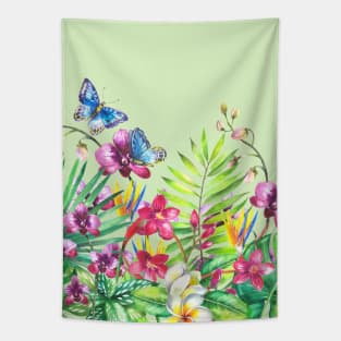 Tropical Lush Flowers Greenery and Butterflies Tapestry