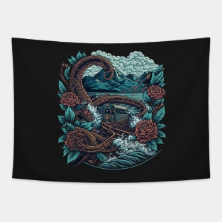 Flying steam train and crashing waves with snakes Tapestry