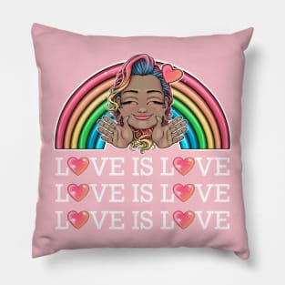 love is love rainbow with Reva Prisma hugging emoji (white text) Pillow