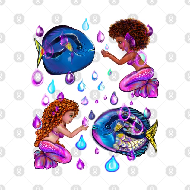 Best fishing gifts for fish lovers 2022. anime mermaid with blue tang fish and rain drops. Cute black  and white girls with Afro hair, green eyes, Cherry pink lips and dark brown skin. Hair love ! by Artonmytee