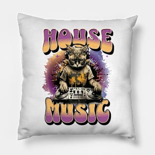 HOUSE MUSIC  - Feline Dj on Decks (black/orange/purple) Pillow