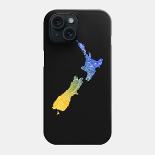 Colorful mandala art map of New Zealand with text in blue and yellow Phone Case