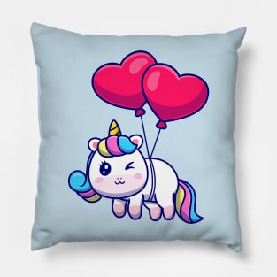 Cute Unicorn Floating With Love Balloon Cartoon Pillow