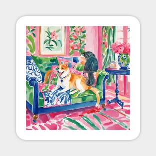 Cat and dog in preppy interior whimsical watercolor Magnet