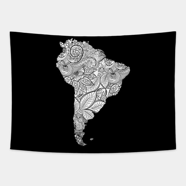 Mandala art map of South America with text in white Tapestry by Happy Citizen