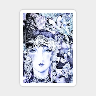 blue sapphire art deco floral flapper collage print Magnet
