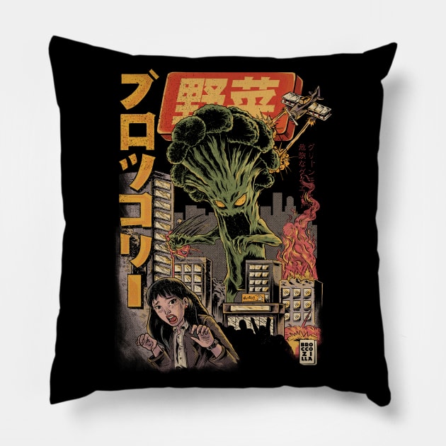 The Broccozilla Black - Broccoli Attack Pillow by Ilustrata