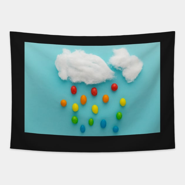 Photo illustration depicting clouds and rainbow-colored raindrops Tapestry by karinelizabeth