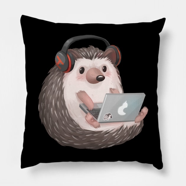 Cute Hedgehog Blogger on a Laptop Listening to Music Pillow by PamelooArt