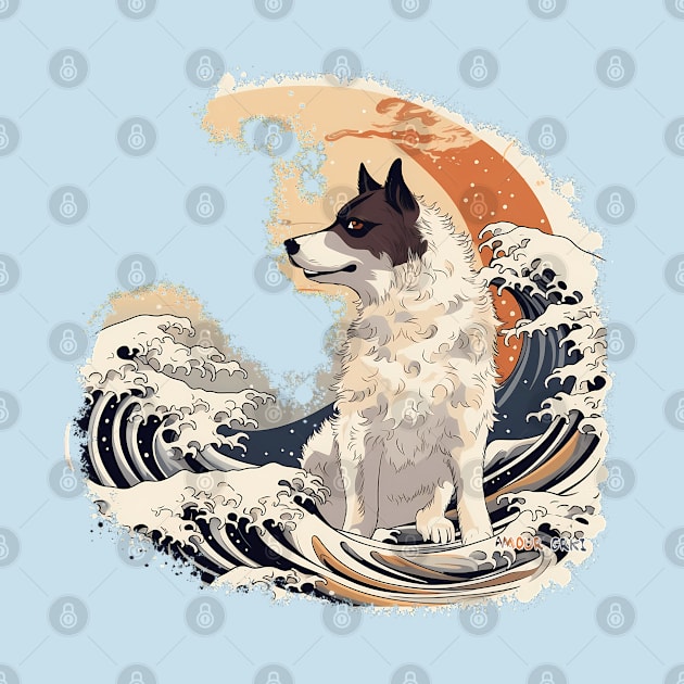 Whimsical Ukiyo-e Dog in Kanagawa Waves by Amour Grki