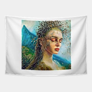 Optical illusion, portrait of pretty young woman and some nature Tapestry